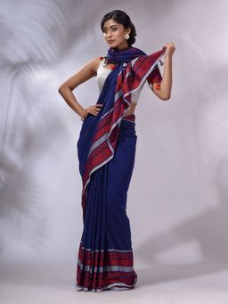CHARUKRITI - Blue Cotton Handwoven Saree with Unstitched Blouse and Texture Borders