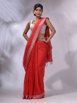 CHARUKRITI - Red Cotton Silk Handwoven Saree with Unstitched Blouse and Zari Woven Stripes Pallu