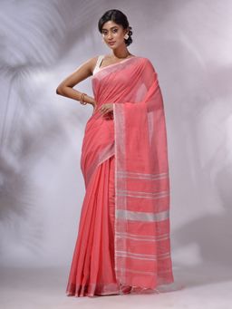 CHARUKRITI - Flamingo Peach Cotton Silk Handwoven Saree with Unstitched Blouse and Zari Woven