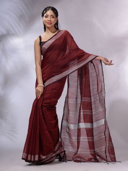 CHARUKRITI - Maroon Cotton Silk Handwoven Saree with Unstitched Blouse and Zari Woven Stripes Pallu