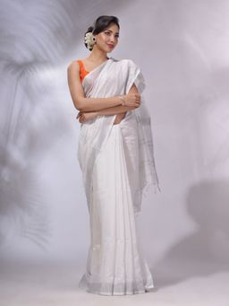CHARUKRITI - White Cotton Silk Handwoven Saree with Unstitched Blouse and Zari Woven Stripes Pallu