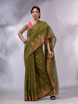 CHARUKRITI - Moss Green Tissue Handwoven Soft Saree with Unstitched Blouse and Geometric Designs
