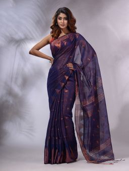 CHARUKRITI - Navy Blue Tissue Handwoven Soft Saree with Unstitched Blouse and Geometric Designs