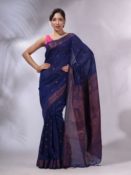CHARUKRITI - Navy Blue Cotton Handwoven Saree with Unstitched Blouse and Zari Woven