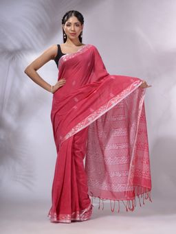 CHARUKRITI - Pink Cotton Handwoven Soft Saree with Unstitched Blouse and Texture Designs
