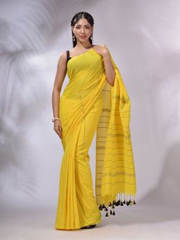 CHARUKRITI - Yellow Cotton Handwoven Saree with Unstitched Blouse and Stripe Design