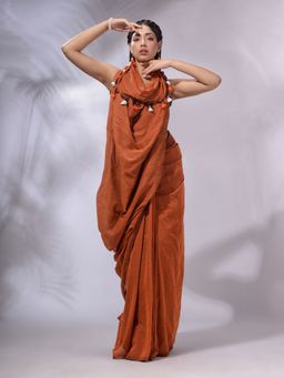 CHARUKRITI - Brown Cotton Handwoven Saree with Unstitched Blouse and Stripe Design