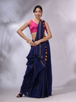 CHARUKRITI - Navy Blue Cotton Handwoven Saree with Unstitched Blouse and Stripe Design