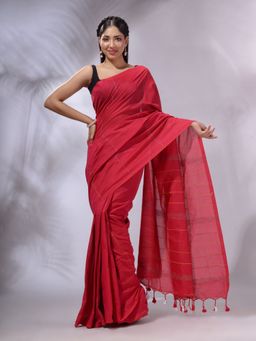 CHARUKRITI - Hot Pink Cotton Handwoven Saree with Unstitched Blouse and Stripe Design