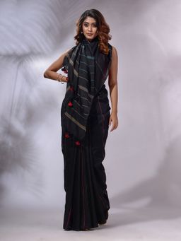 CHARUKRITI - Black Cotton Handwoven Saree with Unstitched Blouse and Stripe Design