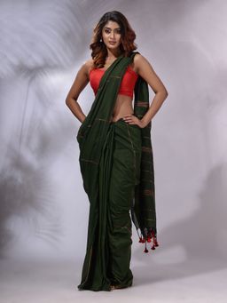 CHARUKRITI - Moss Green Cotton Handwoven Saree with Unstitched Blouse and Stripe Design