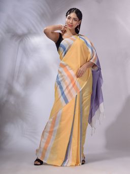 CHARUKRITI - Multicolor Cotton Stripes Handwoven Soft Saree with Unstitched Blouse