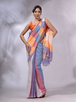 CHARUKRITI - Multicolor Cotton Stripes Handwoven Soft Saree with Unstitched Blouse