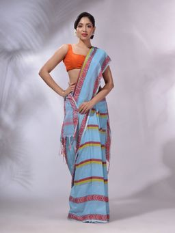 CHARUKRITI - Sky Blue Cotton Handwoven Saree with Unstitched Blouse and Stripes Pattern