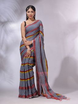 CHARUKRITI - Grey Cotton Handwoven Saree with Unstitched Blouse and Stripes Pattern