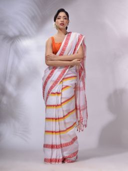 CHARUKRITI - White Cotton Handwoven Saree with Unstitched Blouse and Stripes Pattern