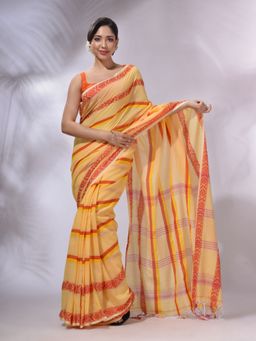 CHARUKRITI - Light Yellow Cotton Handwoven Saree with Unstitched Blouse and Stripes Pattern