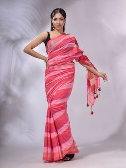 CHARUKRITI - Pink Cotton Checkered Handwoven Soft Saree with Unstitched Blouse