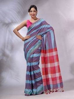CHARUKRITI - Multicolor Cotton Checkered Handwoven Soft Saree with Unstitched Blouse