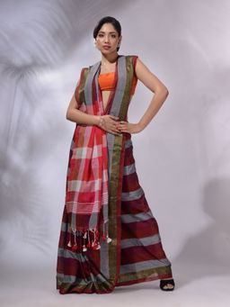 CHARUKRITI - Multicolor Cotton Checkered Handwoven Soft Saree with Unstitched Blouse