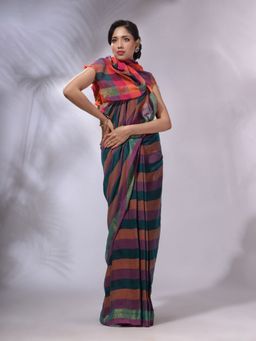 CHARUKRITI - Multicolor Cotton Checkered Handwoven Soft Saree with Unstitched Blouse