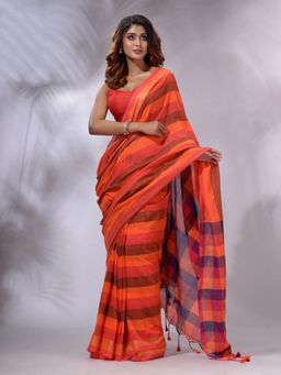 CHARUKRITI - Orange Cotton Checkered Handwoven Soft Saree with Unstitched Blouse