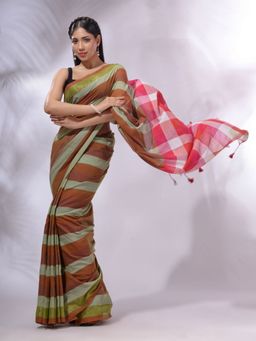 CHARUKRITI - Multicolor Cotton Checkered Handwoven Soft Saree with Unstitched Blouse