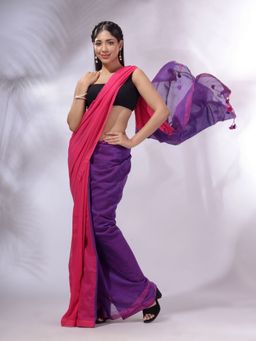 CHARUKRITI - Pink And Purple Cotton Handwoven Patli Pallu Saree with Unstitched Blouse