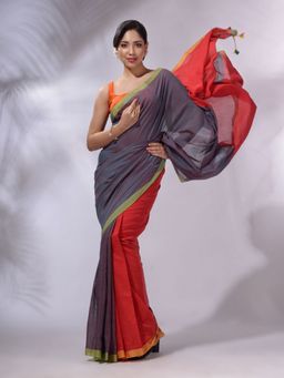 CHARUKRITI - Grey And Red Cotton Handwoven Patli Pallu Saree with Unstitched Blouse