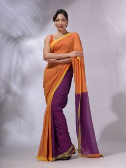 CHARUKRITI - Orange And Purple Cotton Handwoven Patli Pallu Saree with Unstitched Blouse