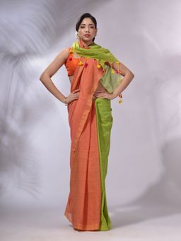 CHARUKRITI - Orange And Parrot Green Cotton Handwoven Patli Pallu Saree with Unstitched Blouse