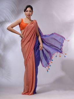 CHARUKRITI - Peach And Blue Cotton Handwoven Patli Pallu Saree with Unstitched Blouse