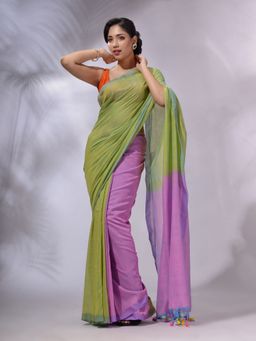 CHARUKRITI - Light Green And Pink Cotton Handwoven Patli Pallu Saree with Unstitched Blouse