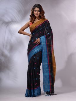 CHARUKRITI - Black Cotton Handwoven Saree with Unstitched Blouse and Texture And Paisley Borders