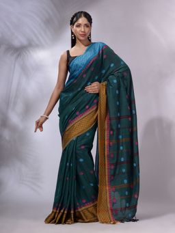 CHARUKRITI - Teal Cotton Handwoven Saree with Unstitched Blouse and Texture And Paisley Borders