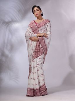 CHARUKRITI - White Cotton Handwoven Saree with Unstitched Blouse and Texture And Paisley Borders