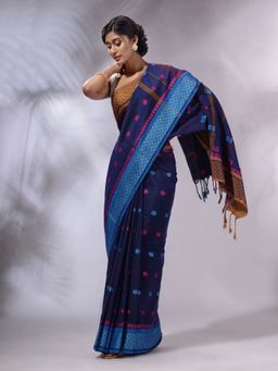 CHARUKRITI - Navy Blue Cotton Handwoven Saree with Unstitched Blouse and Texture And Paisley Borders