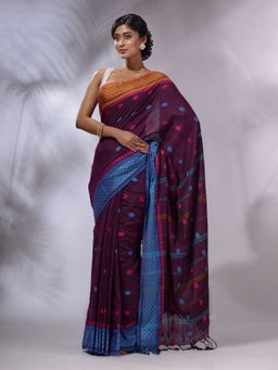 CHARUKRITI - Wine Cotton Handwoven Saree with Unstitched Blouse and Texture And Paisley Borders