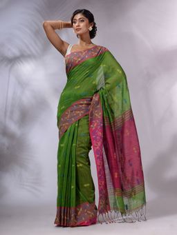 CHARUKRITI - Green Cotton Hand spun Handwoven Saree with Unstitched Blouse and Nakshi Borders
