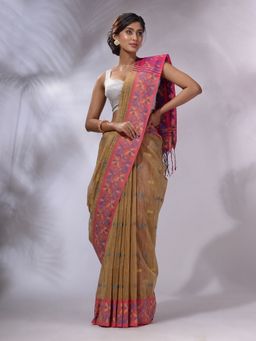 CHARUKRITI - Beige Cotton Hand spun Handwoven Saree with Unstitched Blouse and Nakshi Borders