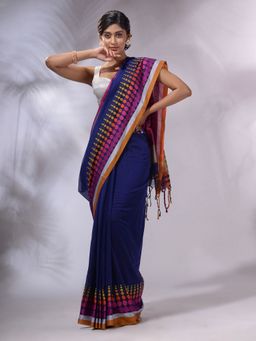 CHARUKRITI - Blue Cotton Handwoven Saree with Unstitched Blouse and Geometric Borders
