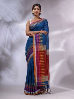 CHARUKRITI - Sapphire Blue Cotton Handwoven Saree with Unstitched Blouse and Geometric Borders