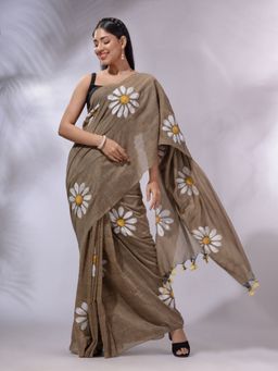 CHARUKRITI - Ecru Cotton Soft Saree with Unstitched Blouse and Floral Motifs