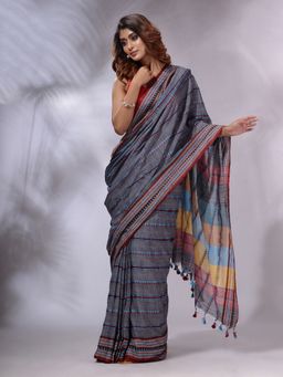 CHARUKRITI - Grey Cotton Hand spun Handwoven Saree with Unstitched Blouse and Stripes Designs