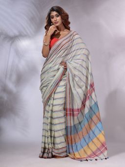 CHARUKRITI - Off White Cotton Hand spun Handwoven Saree with Unstitched Blouse and Stripes Designs