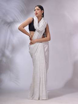 CHARUKRITI - White Cotton Handwoven Saree with Unstitched Blouse and All Over Designs