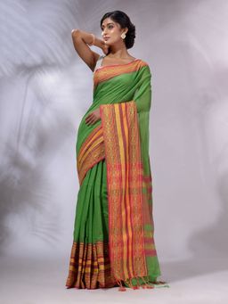 CHARUKRITI - Green Cotton Silk Handwoven Saree with Unstitched Blouse and Nakshi Borders