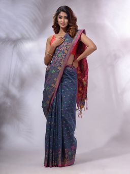 CHARUKRITI - Grey Cotton Silk Handwoven Saree with Unstitched Blouse and Woven Design