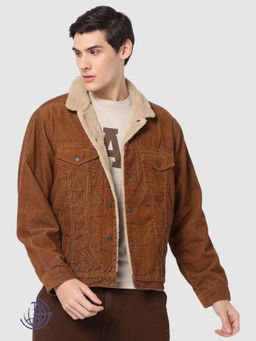 GAP - Men's Brown Solid Spread Collar Fur Jacket