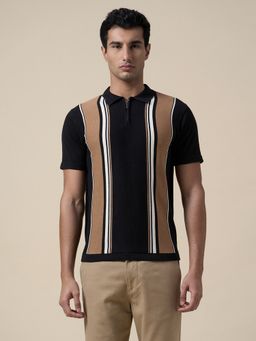 SELECTED HOMME - Black Cotton Colour blocked Zip Knit Polo T-Shirt